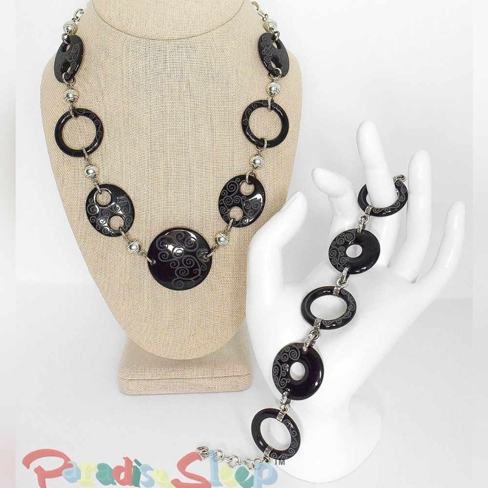 *Brighton* Black Swirl Geometric Link Necklace & Bracelet Set - Modernist. . Thi